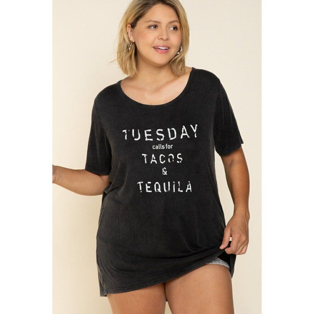POL Clothing Plus Size Taco Tuesday Relaxed Fit Shirt Washed Black TKT414 PLUS